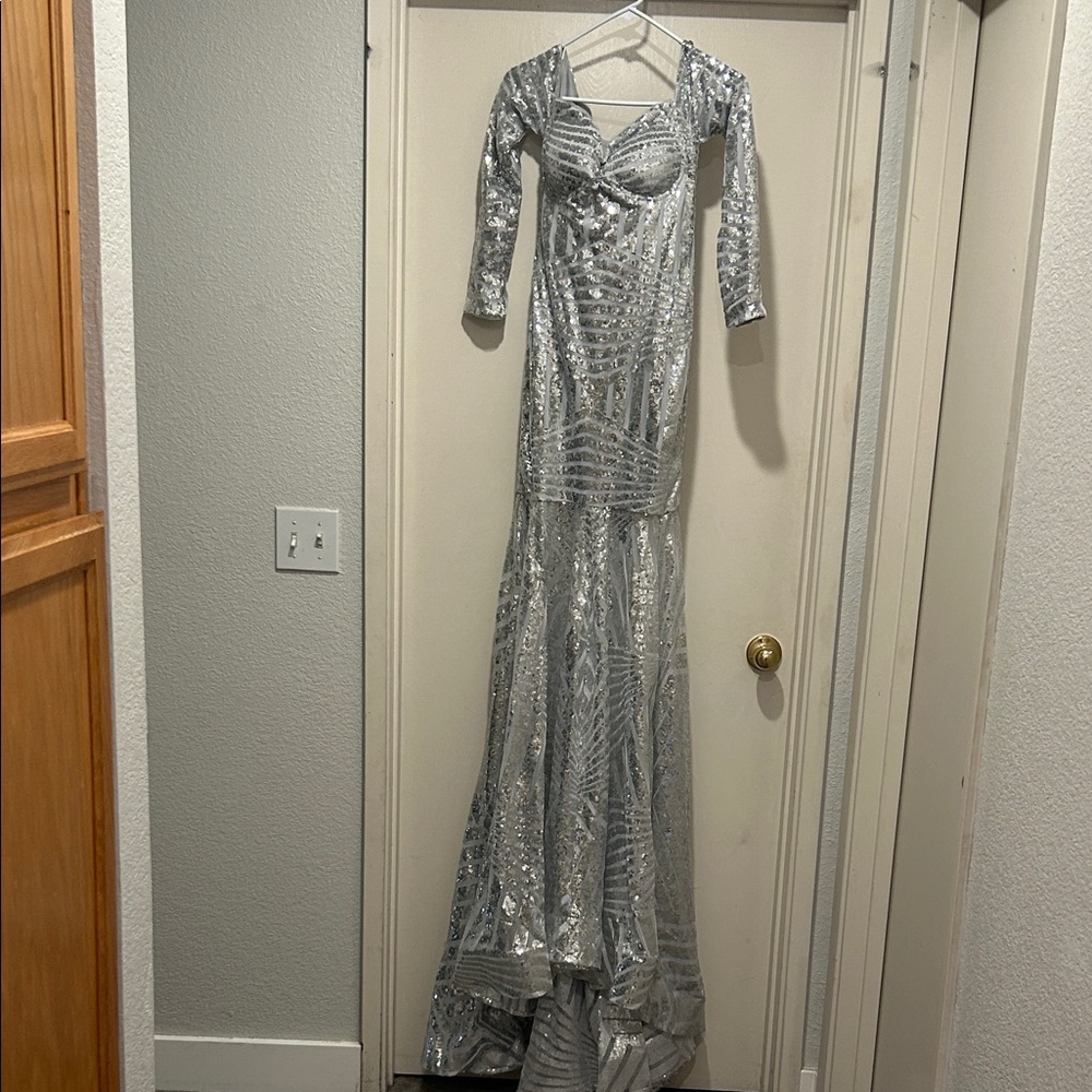 Brand New Silver Sequin Long Sleeve Maxi Gown for Prom or Wedding!